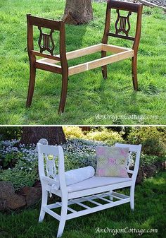 two different benches sitting in the grass next to each other