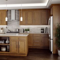 a kitchen with wooden cabinets and white appliances