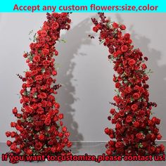 two red roses arranged in an arch with the words accept any custom flower size color if you want to customize please contact us