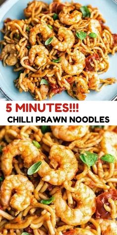 three different pictures with the words 5 minutes chilli praw noodles on them