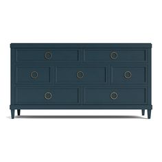 a blue dresser with gold knobs on the top and bottom, against a white background