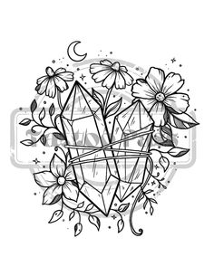 a black and white drawing of flowers in a vase with diamonds on it, surrounded by stars