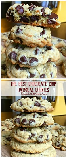 the best chocolate chip oatmeal cookies are stacked on top of each other