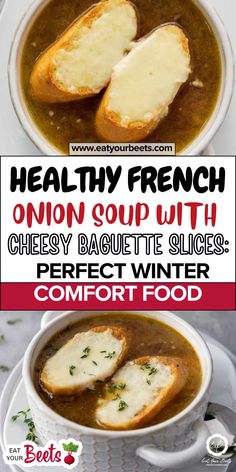 healthy french onion soup with cheesy bread in a white bowl, perfect winter comfort food