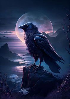 a black bird sitting on top of a rock in front of a moon filled sky