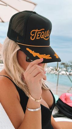 Tequila Trucker Hat Beach days are the best days! This his or hers trucker is part of our Party Collection. Cute and perfect for your next party day in the sun. So light, medium profile and a perfect addition to your growing hat collection. 5 Panel Foam Mesh Back Trucker, Pro Style Adult Sizing 100% Poly Foam Front, 100% Nylon Back Black Trucker Hat Outfit, Trendy Trucker Hats For Women, White Trucker Hat, Baseball Hat Design Ideas, Custom Embroidered Trucker Hat, Women Trucker Hat, Trucker Hat Outfit Summer, Trucker Hats For Women Outfits, Trucker Hat Women