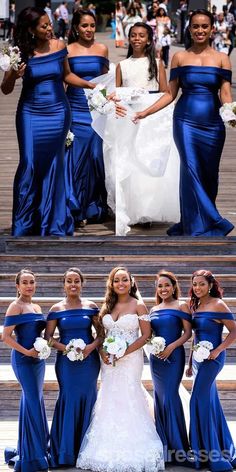 the bride and her bridesmaids are posing for pictures in blue dresses on steps