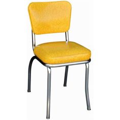 a yellow chair with metal frame and seat