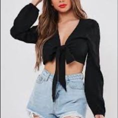 Crinkle V Blouson Slv Tiefront Crop Black 10 G2 Casual V-neck Blouse For Going Out, Long Sleeve Crop Top For Summer Nights Out, Casual Cropped Tops For Going Out, Black Tops For Going Out In Spring, Trendy V-neck Blouse For Going Out, Black Crop Top Blouse For Spring, Casual Cropped Blouse For Night Out, Casual Black Blouse For Going Out, Trendy Black Cropped Blouse