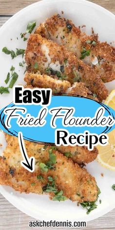 easy fried flounder recipe on a plate with lemon wedges