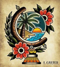 an old school tattoo design with flowers and palm trees