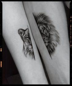 two lion tattoos on both legs, one is black and white the other is grey