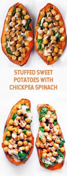 stuffed sweet potatoes with chickpeas and spinach in the shape of an oven