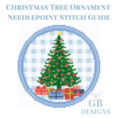 the christmas tree ornament needlepoint stitch guide is displayed in a circular frame