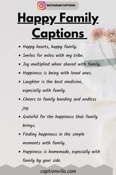 a happy family caption with flowers on a plate in front of the caption reads, happy family captions