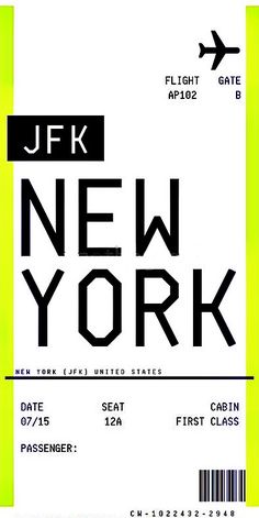 a ticket for the new york airport with an airplane in the background and text that reads jfk