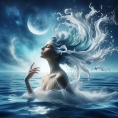 a woman floating in the ocean with her hair blowing back and eyes closed, surrounded by water