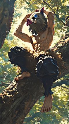 a painting of a man on top of a bear in the woods with his hands behind his head