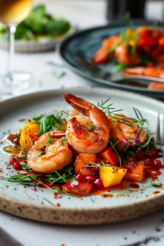 a plate with some shrimp and vegetables on it next to a glass of wine in the background