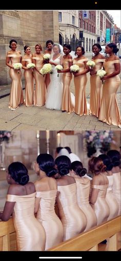 the bridesmaids are posing for pictures in their dresses