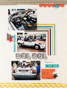 a scrapbook page with pictures and words on the pages, including an image of a car