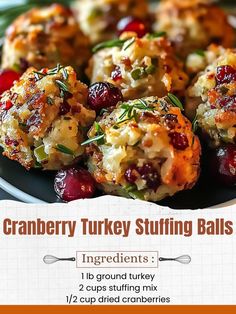 cranberry turkey stuffing balls on a plate with text overlay that reads, cranberry turkey stuffing balls