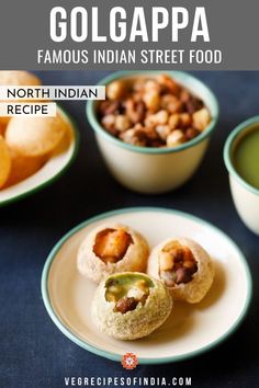 three small bowls filled with food on top of a white and green plate next to another bowl full of food