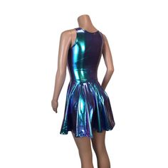 Holographic Oil Slick Skater fit n flare Tank Dress– Peridot Clothing Iridescent Mini Dress For Summer, Summer Iridescent Mini Dress, Iridescent Summer Mini Dress, Metallic Disco Dress For Club, Summer Metallic Dress For Costume Party, Metallic Summer Dress For Costume Party, Iridescent Fitted Mini Dress, Metallic Dress For Summer Costume Party, Fitted Iridescent Mini Dress For Spring