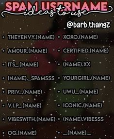 Credit to @barb.thangz on Instagram Insta Username Ideas For Spam, Instagram Spam Username Ideas, Spam Page Username Ideas Instagram, Spam Instagram Usernames, Spam Names For Insta, Spam Names For Instagram Ideas, Insta Names, Cute Instagram Names, Good Instagram Names