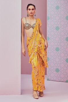 Yellow Satin Jhumka Pattern Pre-Draped Saree With Sequin Embellished Blouse Pre Draped Saree, Ruffled Saree, Yellow Saree, Yellow Satin, Embellished Blouse, Stylish Sarees