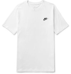 Sporty Relaxed Fit T-shirt With Embroidered Logo, Casual Cotton T-shirt For Sports, Sporty T-shirt With Embroidered Logo For Sports, White Short Sleeve Workout T-shirt, Nike Relaxed Fit T-shirt For Gym, Nike Short Sleeve T-shirt For Gym, White Workout T-shirt With Logo Print, White Crew Neck T-shirt With Embroidered Logo, White Short Sleeve Sportswear T-shirt