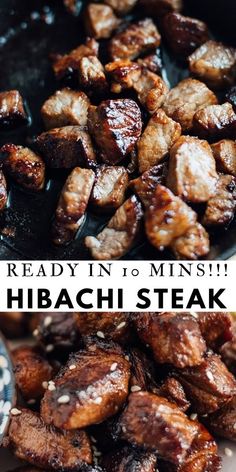 some meat is cooking in a skillet with the words ready in 10 mins hibash steak