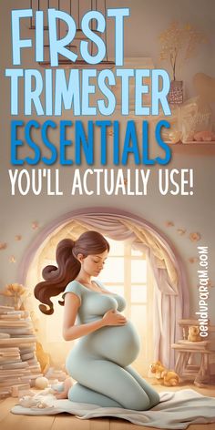 beautiful pregnant mom holding her belly and title first trimester pregnancy essentials you'll actually use First Trimester Symptoms, Postpartum Must Haves, Hospital Bag Essentials