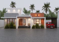 a small white house with a red car parked in front of it and palm trees