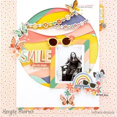 a scrapbook page with an image of a woman sitting in a chair and butterflies around her