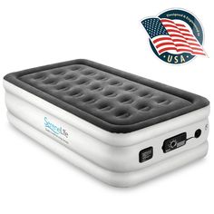 an inflatable air bed with the american flag on it and a sticker