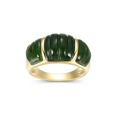 Illuminate your style with Dynasty Jade's nephrite jade band ring, showcasing a genuine carved jade gemstone. The intricate carvings enhance the ring's natural beauty, while the 18k gold-plated sterling silver setting offers a luxurious touch. Hypoallergenic and comfortable, this ring comes in a lovely gift box, making it a delightful treat for yourself. | PAJ Carved Nephrite Jade Band Ring In 18k Yellow Gold Plated Sterling Silver, 6 3 Stone Rings, Contemporary Ring, Dome Ring, Nephrite Jade, Jade Ring, Jade Carving, Domed Ring, Green Gemstones, Baguette Cut