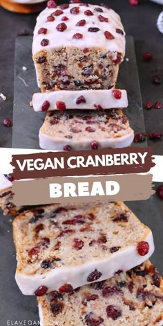 vegan cranberry bread with white frosting and dried cranberries on top