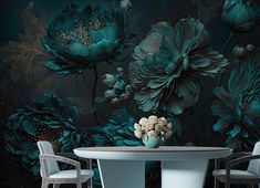 a dining room table with chairs and a vase on it in front of a floral wallpaper