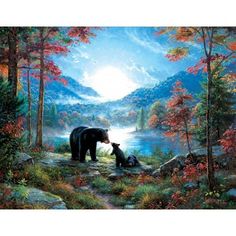 a painting of two bears in the woods