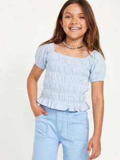 Puff-Sleeve Smocked Top for Girls | Old Navy Short Sleeve Top Outfit, Navy Clothes, Kids Puff, Preppy Accessories, Summer Trends Outfits, Smocked Top, Summer Trends, Teen Girls