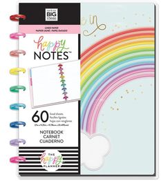 a spiral notebook with rainbows and happy notes