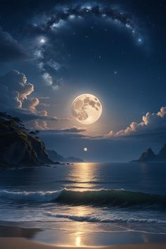 the full moon is shining brightly over the ocean and beach at night with clouds in the sky