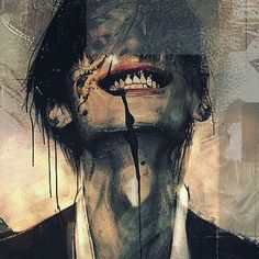 a painting of a man with his mouth open and dripping blood on the wall behind him