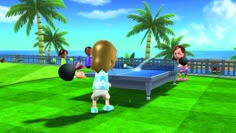 two children playing ping pong on the grass in front of palm trees and water