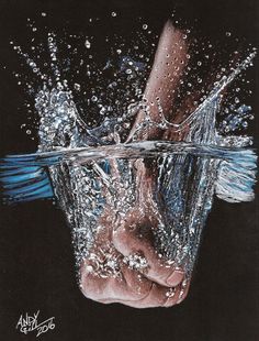 a drawing of someone's hand with water splashing on it and the bottom half of their face