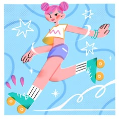 a woman riding a skateboard on top of a blue background with stars and circles