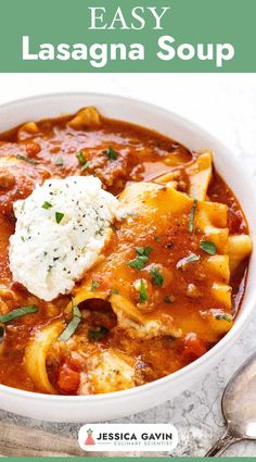 an easy lasagna soup in a white bowl