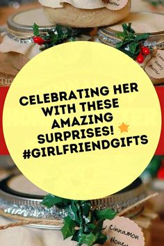 a table topped with cookies covered in white frosting and holly leaves, surrounded by words that read celebrating her with these amazing surprises girlfriend gifts