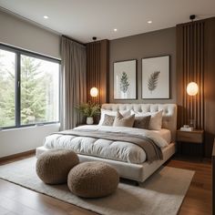 Yumuşak bej ve beyaz tonlarının harmanlandığı, doğal ışık alan modern yatak odası tasarımı; minimalist mobilyalar, konforlu yatak tekstilleri ve sıcak bir atmosfer sunuyor. Nyc Skyline, Minimalist Bedroom, Home Staging, Minimalist Home, Bed Spreads, Home Accents, Bedroom Furniture, Bedroom Design, Living Spaces